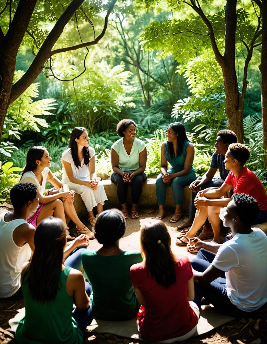 A diverse group of individuals sitting in a circle, engaged in an open discussion, surrounded by lush greenery and sunlight filtering through trees. Visual metaphors such as intertwined hands or glowing hearts symbolizing connection and support. Show warmth and positivity on their faces, reflecting mental wellness. super-realistic. vibrant colors. soft focus.