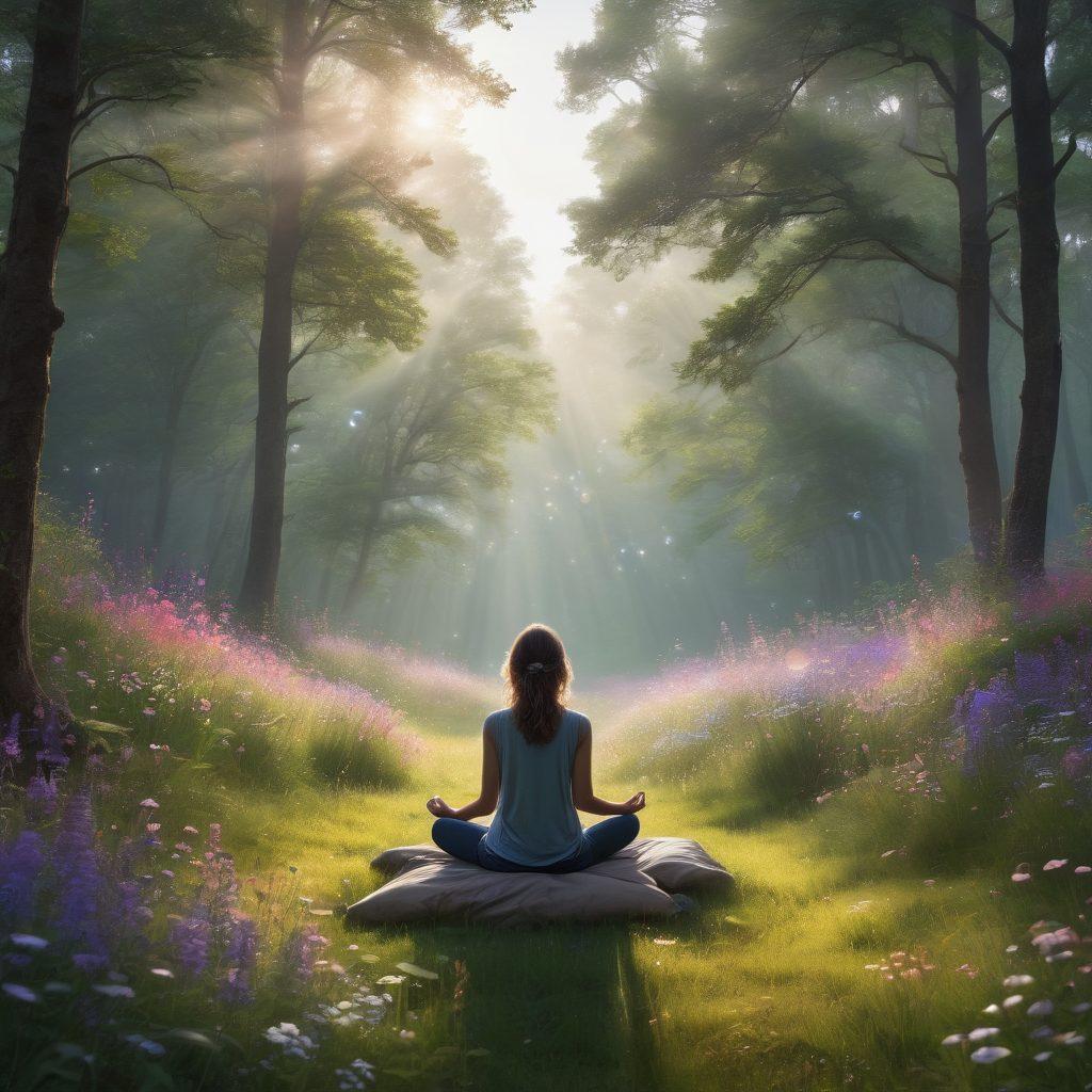 A serene landscape blending elements of both sadness and tranquility: a dark, shadowy forest transitioning into a bright, sunlit meadow filled with wildflowers. In the foreground, a person practicing mindfulness with a meditative pose, surrounded by floating thought bubbles filled with positive affirmations. Soft, dreamy colors should dominate the scene to evoke a sense of calm and hope. super-realistic. vibrant colors. soft focus.