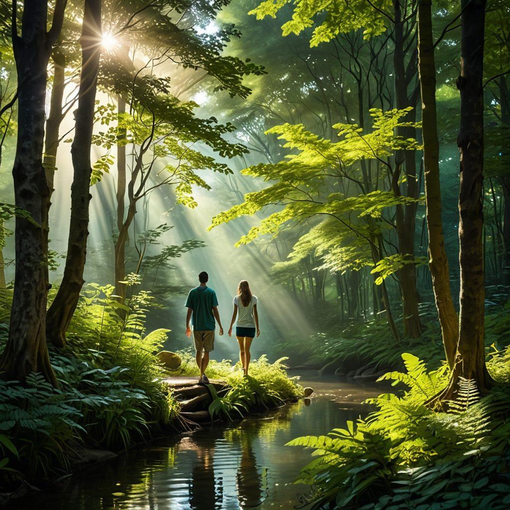 A serene figure walking through a tranquil forest, illuminated by soft beams of sunlight filtering through the trees, symbolizing the journey of mental wellness. Alongside, delicate shadows depict supportive figures offering encouragement. Lush greenery and gentle flowing water evoke a sense of peace. The scene is infused with calming colors, creating a safe haven for emotional support. super-realistic. vibrant colors. soft focus.